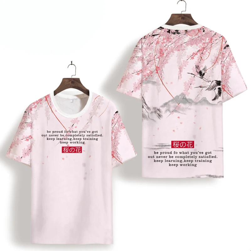 

Japanese style cherry pattern printing pink short sleeve t shirt Summer New quality soft smooth icy cool thin t shirt men XS-7XL