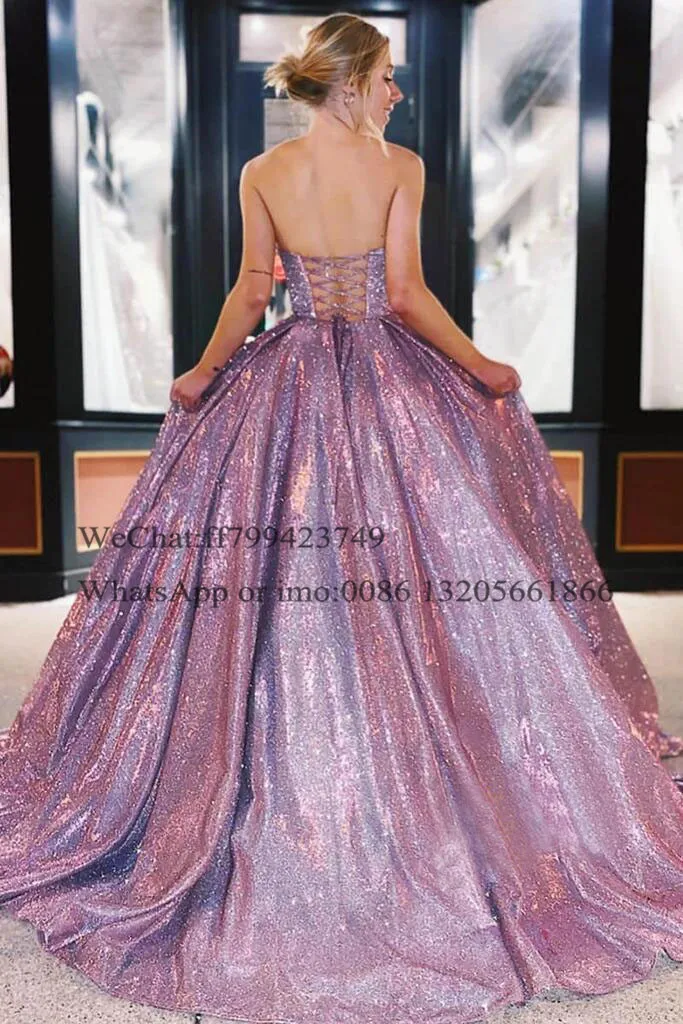 Princess Long A-line Prom Dresses Bling Sequin Backless Strapless Sweetheart Neck платье Formal Occasion Dress For Women