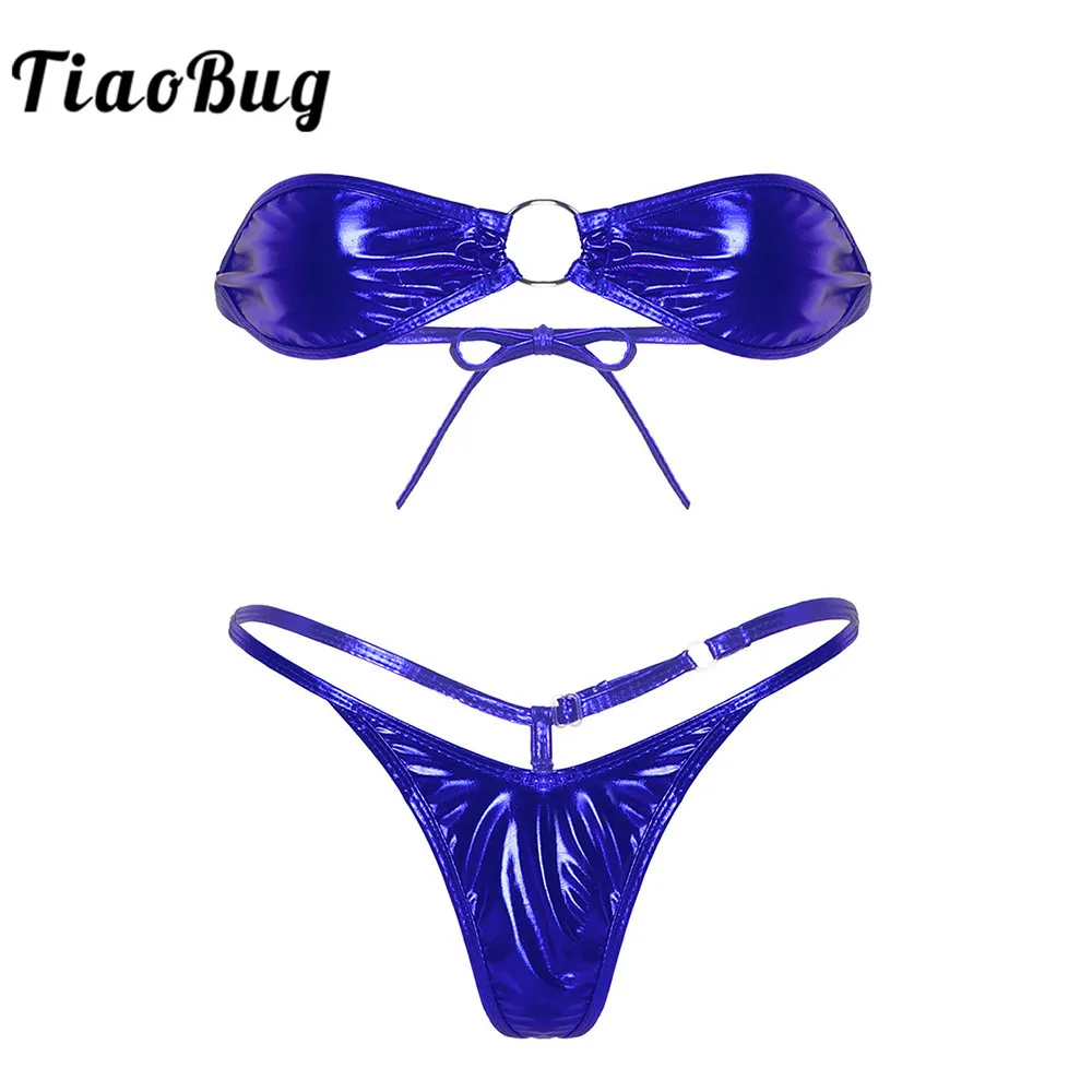 Tiaobug Vrouwen Glanzend Metallic Sexy Bikini Set Tie-Up Strapless Beha Mini Tops Met Thongs G-string Ondergoed Badmode Beachwear