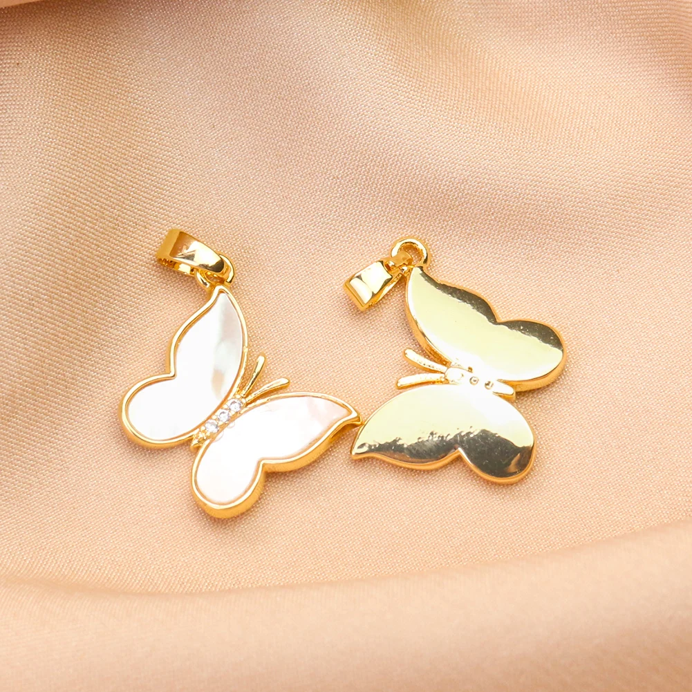 Natural Mother of Pearl Butterfly Charms Inlaid Zircon Gold Plated Animal Pendant Earrings Necklace Women DIY Jewelry Accessory