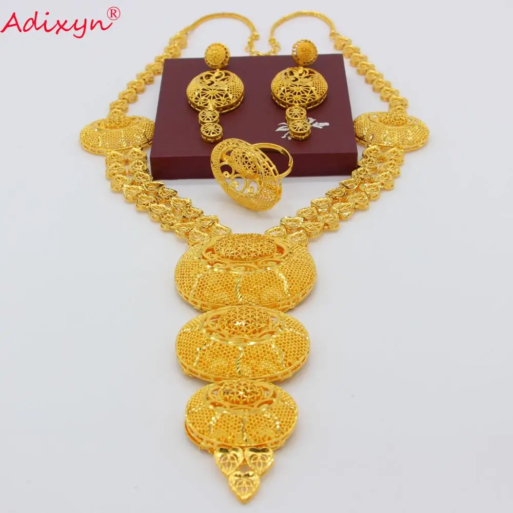 Adixyn(five desigh)Fashion Long Necklace/Earrings/Ring Jewelry Set Women Gold Color Arab Jewelry Wedding Accessories N01044