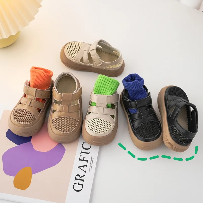 Children Summer Hollow Sandals 2024  New Girls Breathable Mesh Shoes Boys Cool Hook Sandals Baby Microfiber Soft Sole Shoes