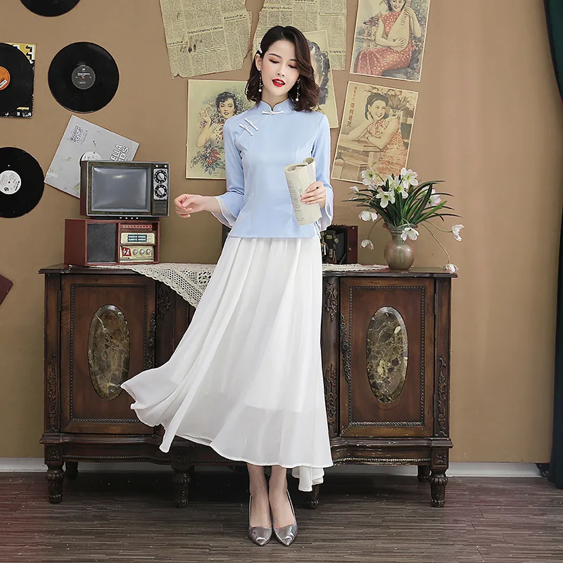 

Sheng Coco Ladies China Sytle Sets Chiffon Skirt And Qipao Blouse Suits Lotus Sleeve Cheongsam Tops Chinese Style Tea Clothes