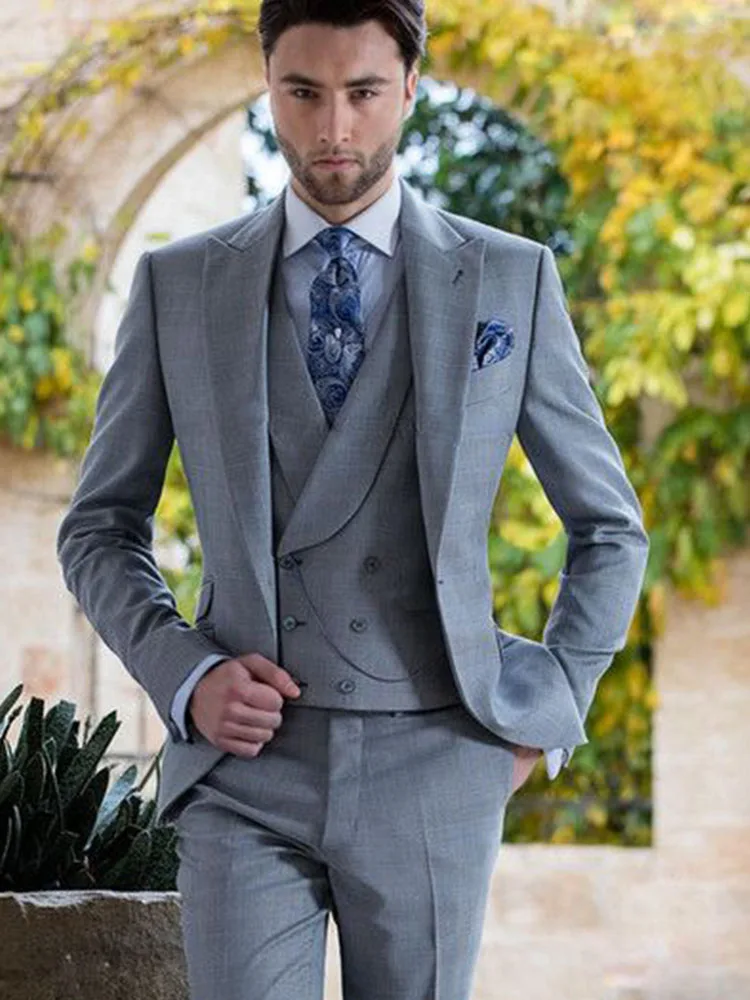 

ANNIEBRITNEY Light Grey 3 Piece Slim Men Fashion Suit Cutsom Groom Wedding Tuxedo Prom Wedding Tailor Made Men Suit With Pants