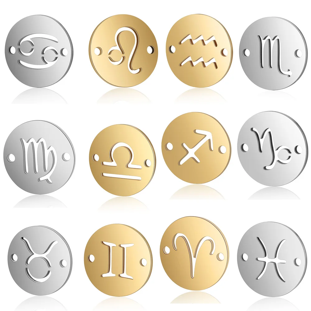 10 sztuk DIY łączników ze stali nierdzewnej ze znakami zodiaku, hurtowe łączniki do wyrobu biżuterii, bransoletek i naszyjników z 12 konstelacjami.