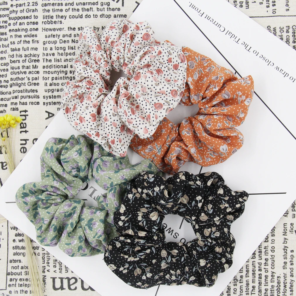 Fashion women Girls Flower Printting Chiffon Hair Scrunchies Ponytail Holders Spring Vintage Elastic Hair Bands Hair Accessories