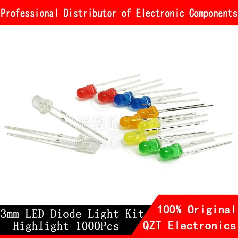 Kit de diodo emissor de luz de led 3mm, 1000 pçs, branco quente, vermelho, azul, verde, uv, laranja, amarelo, rosa, conjunto de lâmpadas, 3v, sortimento pcb