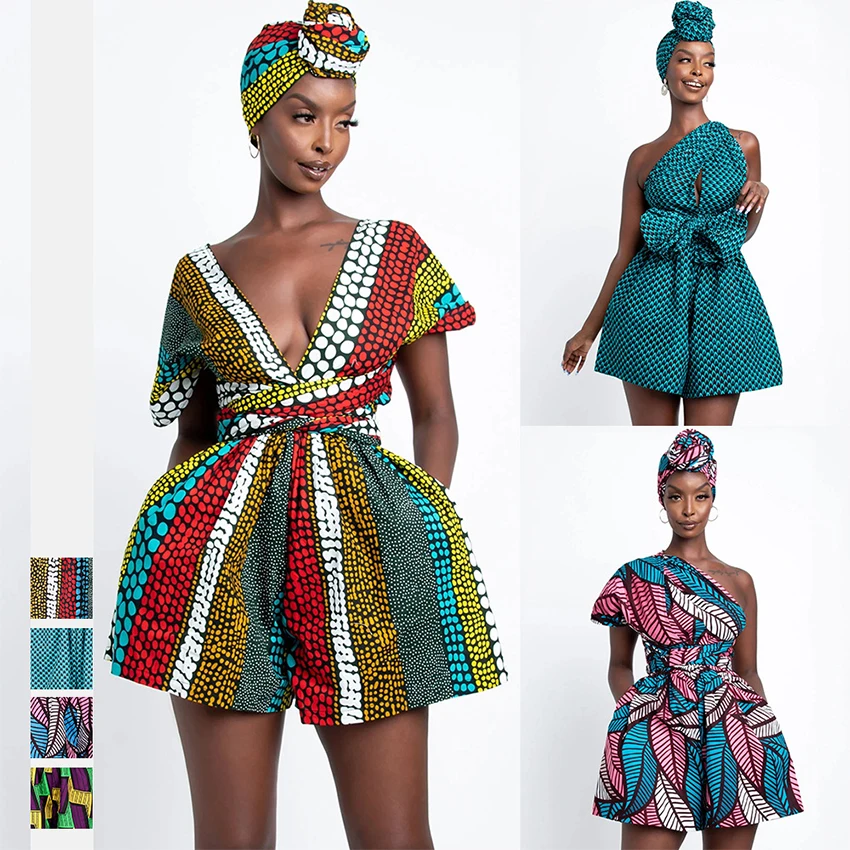 

Clearance Sale Multi-wear African Floral Printed Sexy Playsuit Bohemian High Waist Dashiki Short Wide Leg Women Jumpsuit Summer