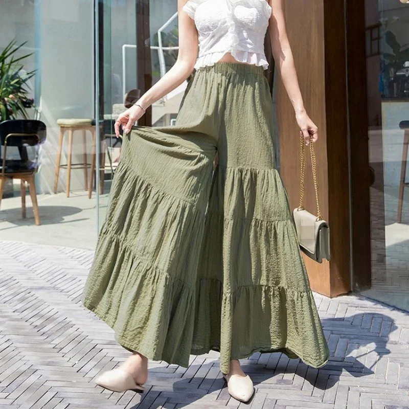 Summer Women Elastic High Waist Wide Leg Pants Thin Pleated Loose Casual Trousers Solid Color Comfortable Street Office Pants