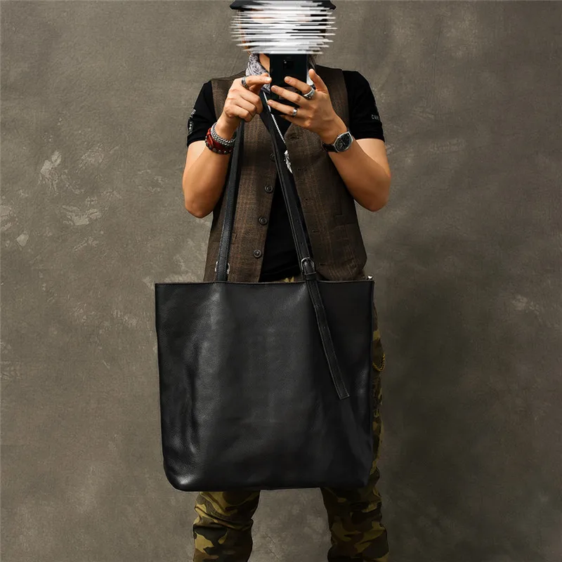 Imagem -02 - Pndme-bolsa Masculina de Couro Genuíno de Grande Capacidade Couro Macio Bolsas de Ombro Pretas Moda Casual e Simples de Alta Qualidade Nova