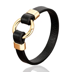 Classic Leather Rope Men's Jewelry Gold Color Metal Round Spring Clasp Trendy Leather Bracelet For Women Male Friendship Gifts