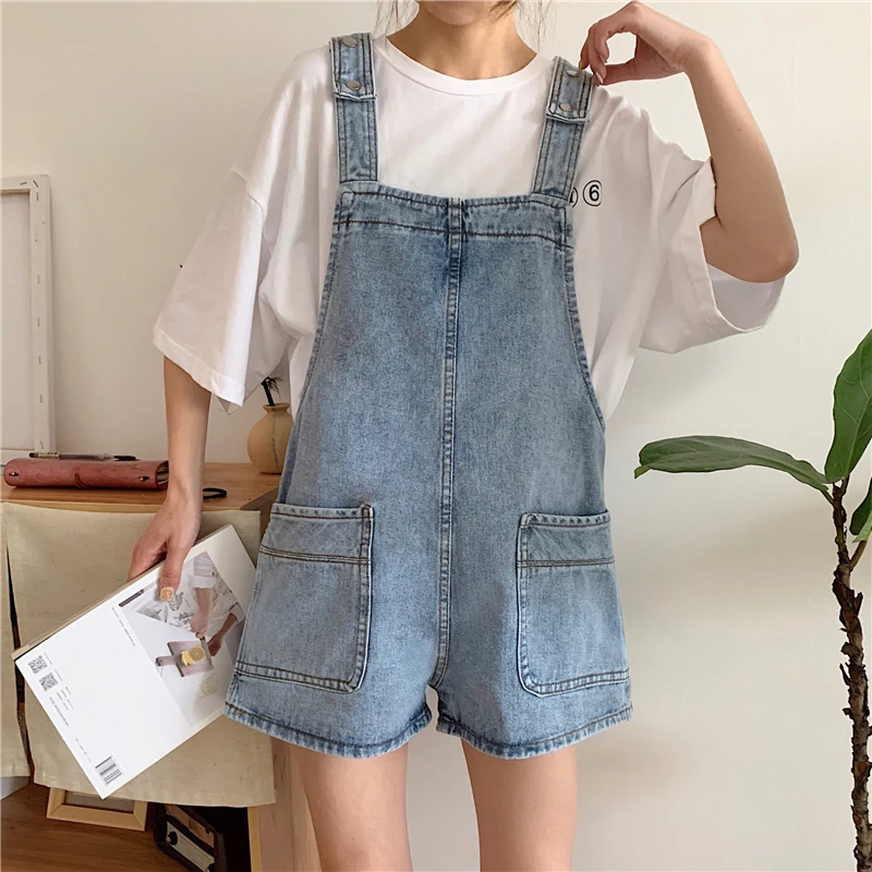 Mùa Hè Cao Cấp Quần Short Denim Nữ Áo Liền Quần Retro Hàn Quốc Tumblr Quần Jumpsuit Liền Quần Nữ Dáng Rộng Denim Treo Áo