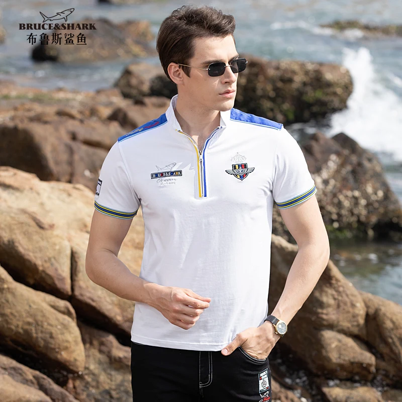 Summer New Stetch Men's Short Polo Shirt Bruce&Shark Casual Thin Straight White Man Top Breathable Skin-friendly Lapel Polo Big