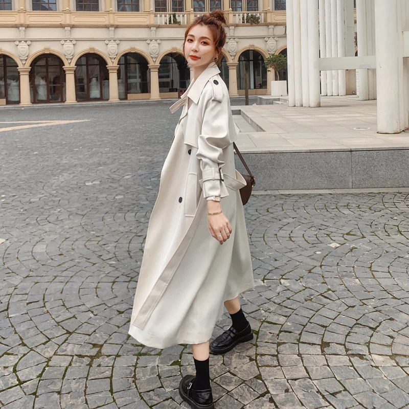 

Brand Pop Fashion Women Trench Coat Beige Long Double-Breasted with Belt Spring Autumn Lady Duster Coat Female Outerwear Quality