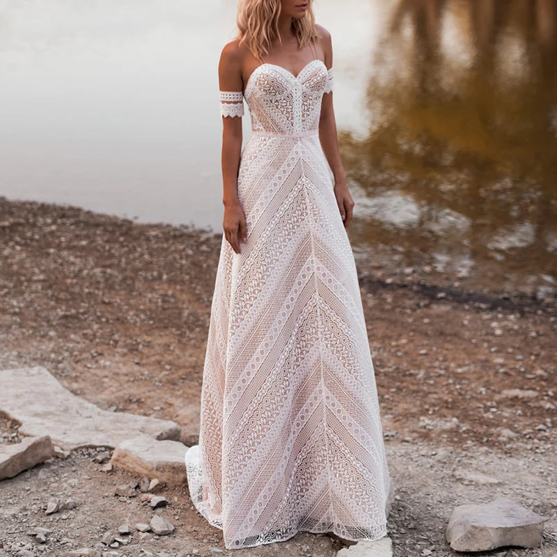 Vestido De novia bohemio sin espalda, De encaje, línea A, escote Corazón, forro De champán personalizado, con cremallera