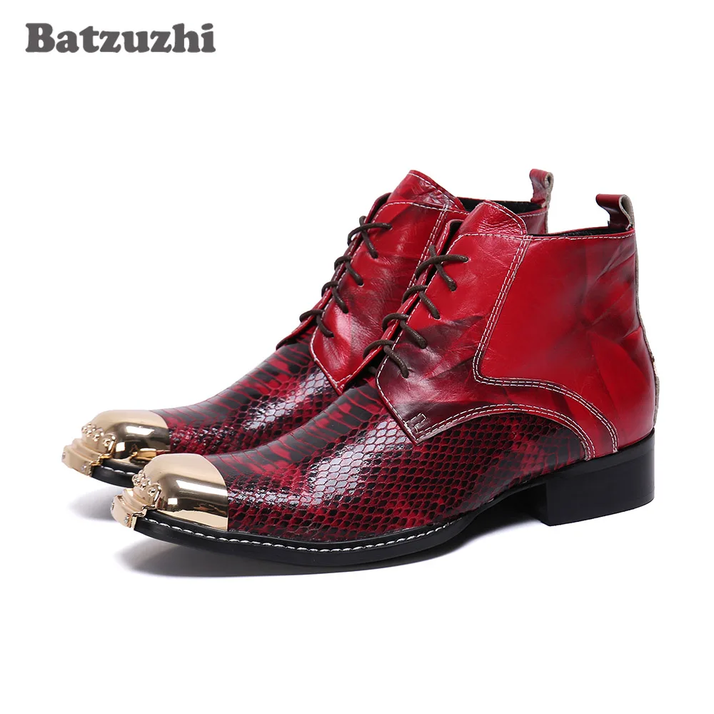 Batzuzhi Luxury Handmade Men Shoes Genuine Leather Boots Men Short Ankle Lace-up Red Party and Wedding Boots Man chaussure homme