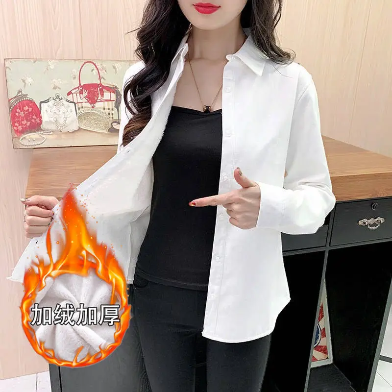 8XL Winter Women Thick Fleece Shirt 2024 Solid Female Long Sleeve White Fleece Work Shirt Tops Blouse Autumn Clothes