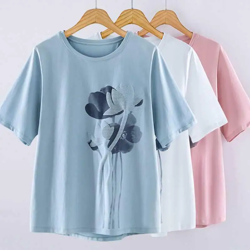 Women\'s Short Sleeve T-Shirt, Cotton, Loose, Printing, Female Tee, Large Size, 4XL, Summer