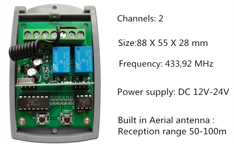 Universal 2 Kanal EIN/AUS RF Schalter Drahtlose Empfänger 9V-24V 433 mhz Empfänger Für marken Fernbedienung – Detail 1