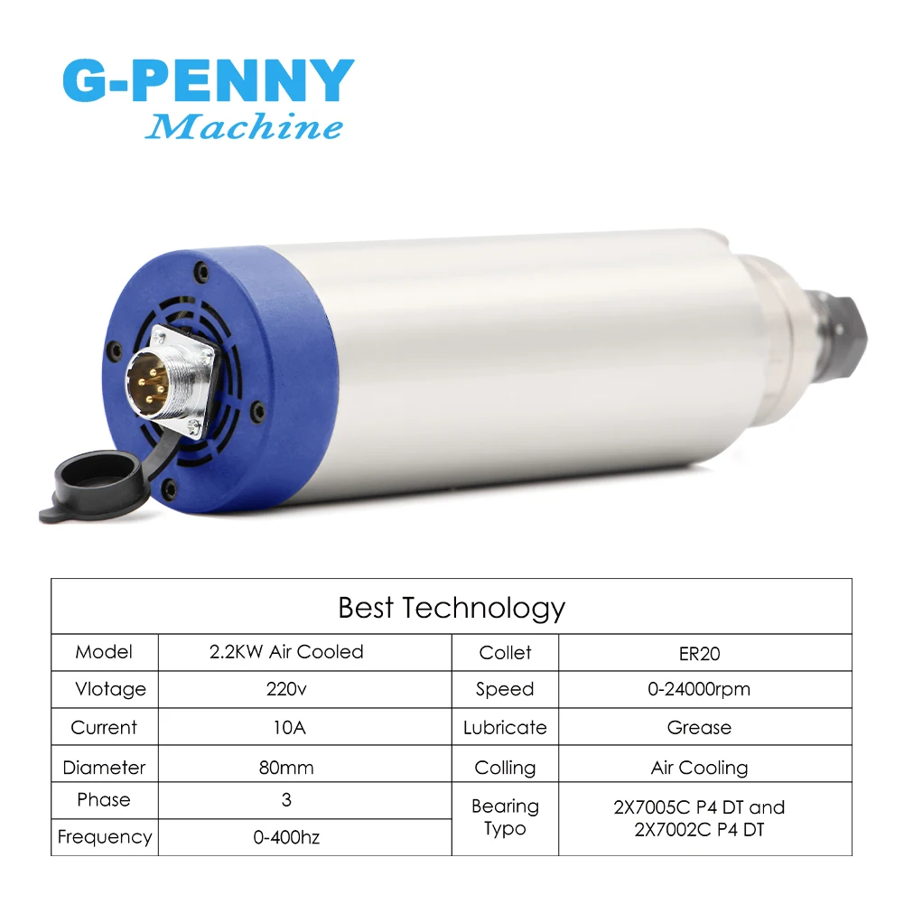 G-Penny 2.2kw ER20 Air Cooled Spindle 4 Ceramic Ball Bearings 24000rpm Air Cooling 0.01mm & 2.2kw Frequency Drive & 80mm Holder