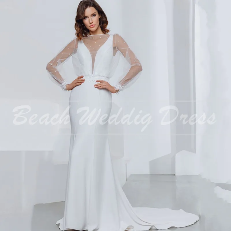 Long Sleeve High Neck Mermaid Wedding Gowns 2021 Vintage Backless Sweep Train Soft Satin Wedding Dresses For Women Custom Made