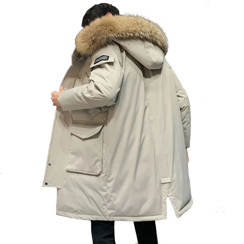 Chaqueta de plumón de invierno para hombre, abrigo grueso y cálido con capucha desmontable, Parkas con Cuello de piel, plumón de pato blanco alargado