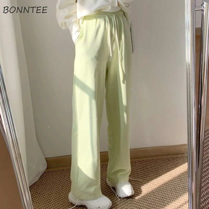 Casual Pants Women Newest Summer Trendy Preppy Girls Straight Trousers Harajuku Drawstring Solid Ankle-Length Green Lovely Lady