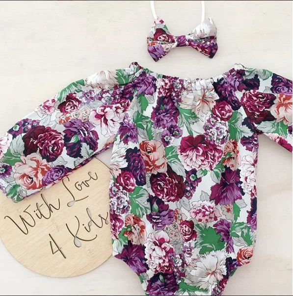 0-24M Newborn Baby Girls Long Sleeve Flower Print Romper Solid Color Pants Bow Hairband 3PCS Outfits Summer Girls Clothes Set