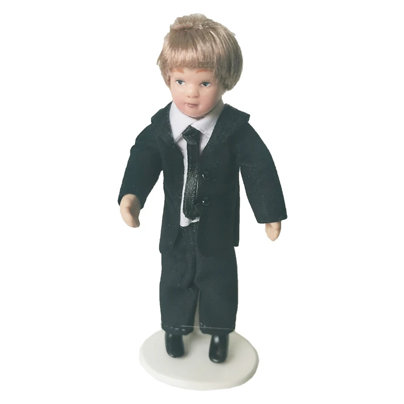 1/12 Dollhouse Miniature Porcelain Doll Model Pretty Little Boy In A Black Suit PP004