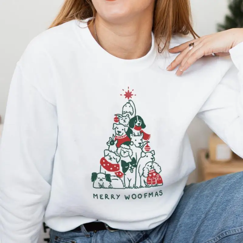 

Sweatshirt MERRY WOOFMAS COLORED Graphic Print Funny 100%Cotton Long Sleeve Outfits Cute Dog Lovers Christmas Jumper Pullovers