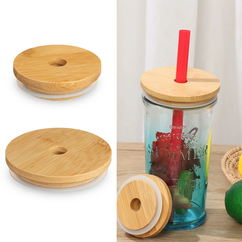 70mm/86mm Bamboo Wood Lids Mason Jar Lid With Straw Hole Silicone Seal Ring Wide Mouth Cup Covers Caps Reusable