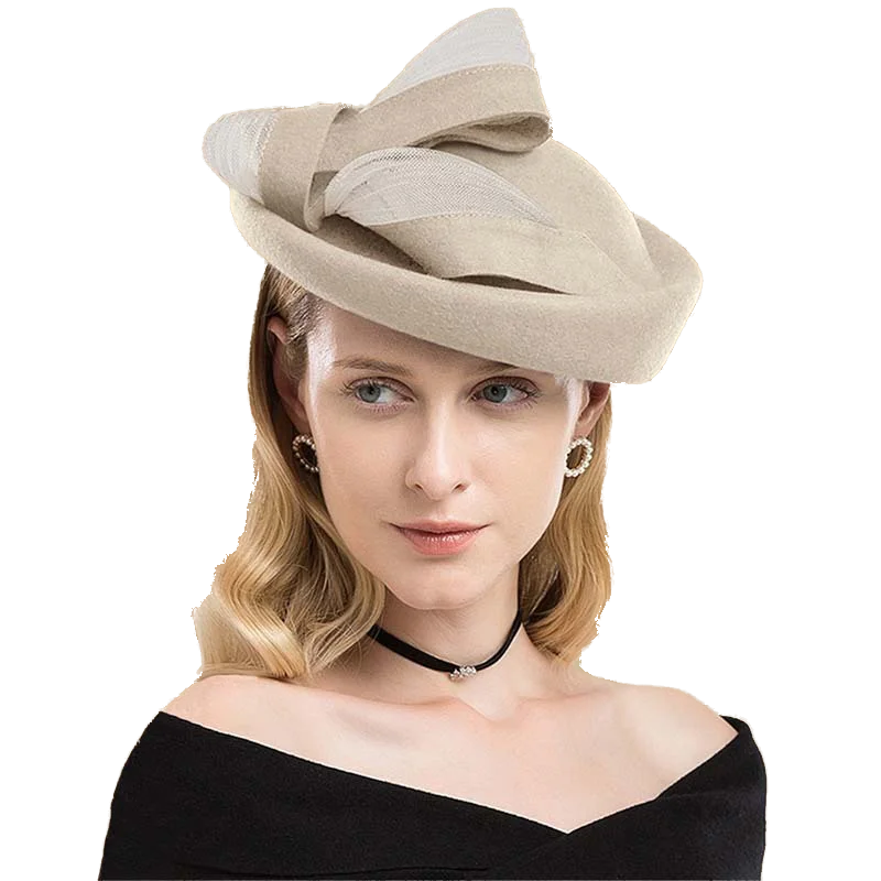 Black Wool Wedding Hat Fascinator Cocktail Hats For Women Elegant Blue Red Winter Church Fedora Bow Ladies Formal Pillbox Cap