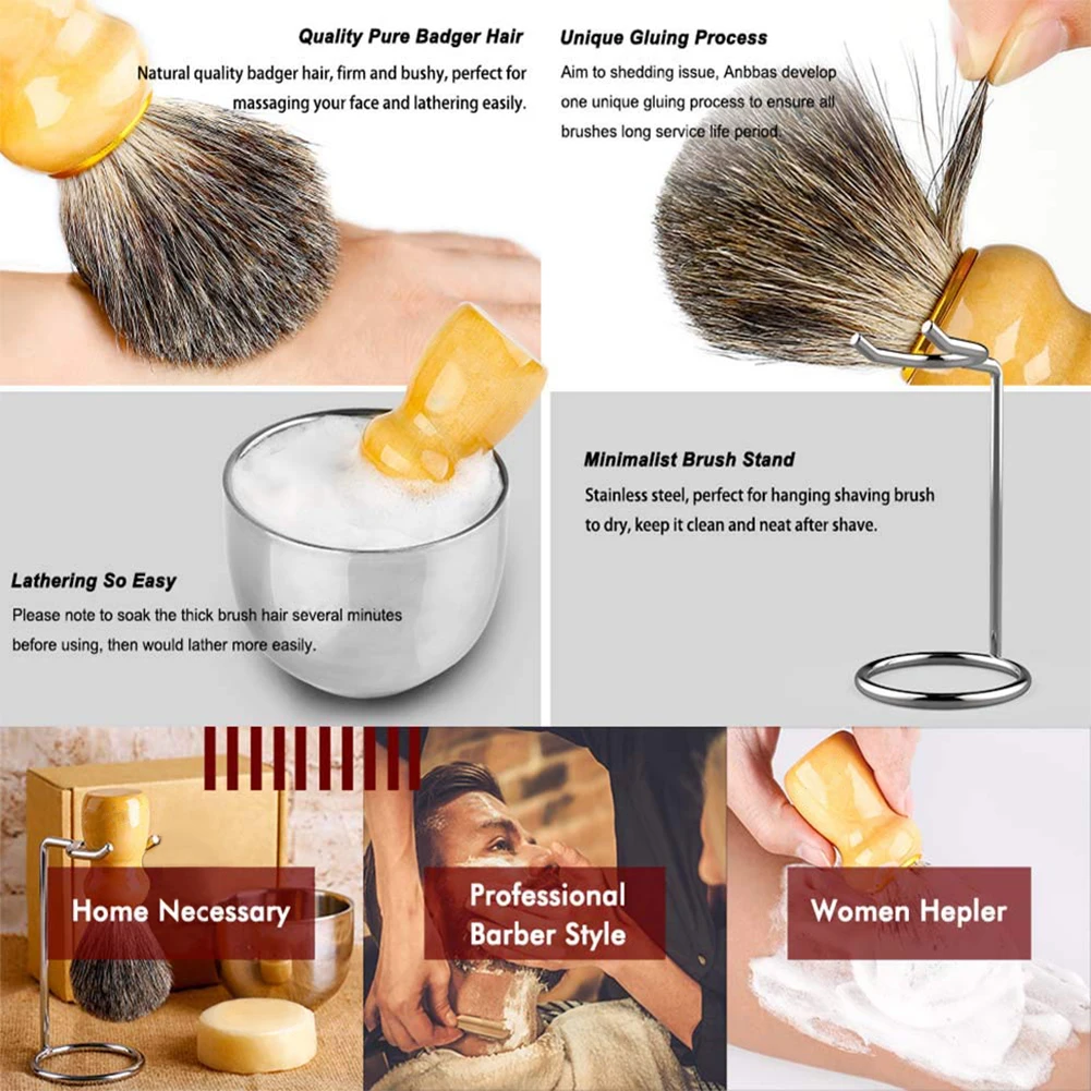 4in1 Shaving Brush Set Fine Badger Shave Brush Wood Handle + Stainless Steel Shaving Stand + Soap Cup + Soap for Men Wet Shave