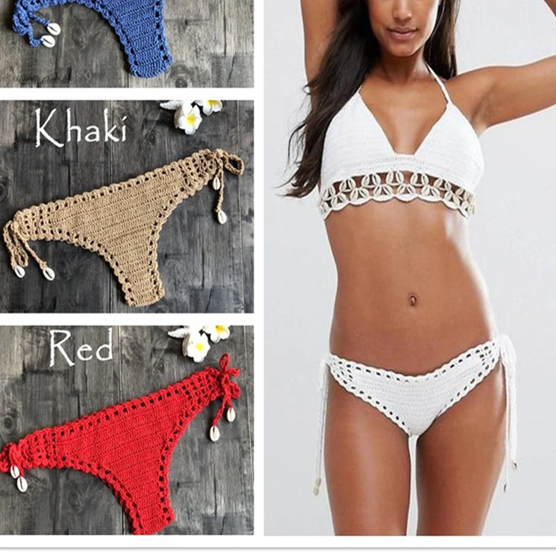 Letnie damskie Vintage plażowe szydełkowe majtki wakacje bikini z muszlą spodenki kąpielowe solidne stroje kąpielowe z niską talią dla kobiet 2025 moda