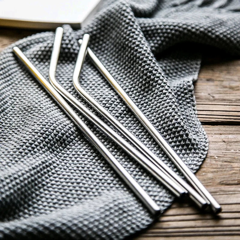 Herbruikbare roestvrijstalen rietjes Eco-vriendelijke metalen rietje Set Lange zilveren gebogen rechte rietjes Bar Cocktail Accessoires