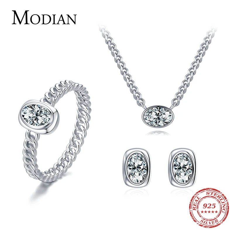 

MODIAN 925 Sterling Silver Jewelry Sets Luxury Oval Clear CZ Necklace Earrings For Women Wedding Engagement Statement Jewelry