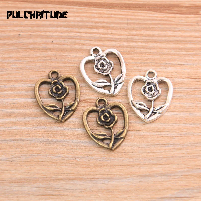 PULCHRITUDE 20pcs 15*19mm Metal Alloy Two Color Heart Rose Flower Charms Plant Pendants For Jewelry Making DIY Handmade Craft