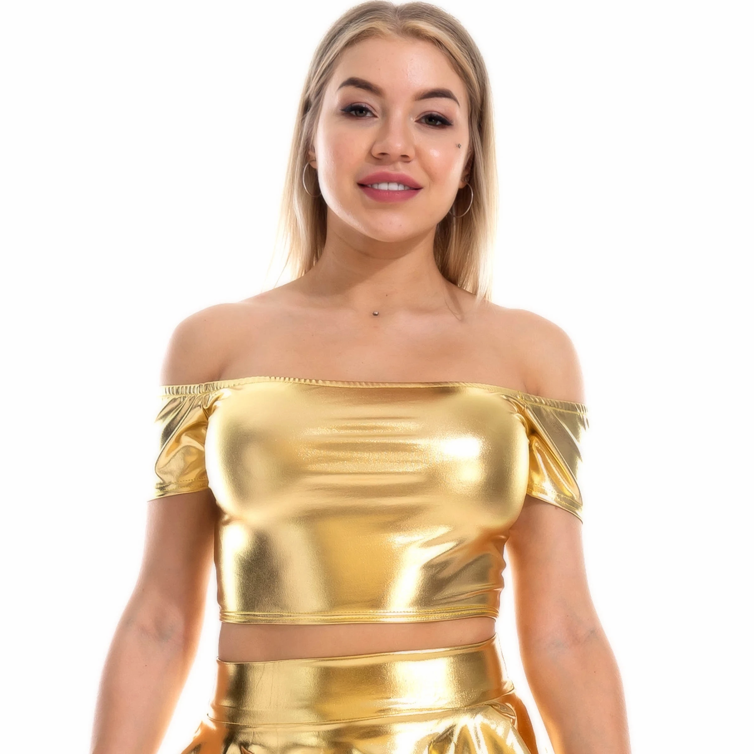 Trägerloses, schulterfreies, metallisches Crop-Top für Damen, glitzerndes holografisches Tank-Top, kurze Weste für Rave-Festival, Clubwear, sexy Slash