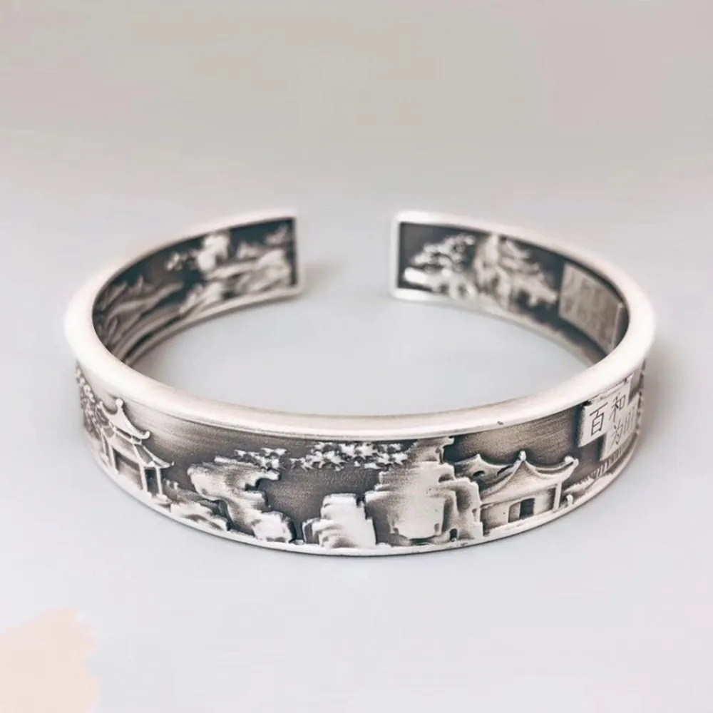 

BOCAI 100% s999 Silver Vintage Embossed Chinese Style Handmade Bracelet for Men and Women Harmony and Prosperity Gift for Elder