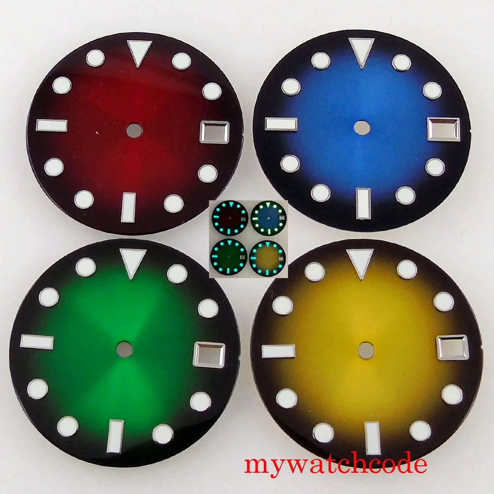 28.5mm verde azul vermelho nenhum logotipo marcas luminosas relógio mostrador rosto para NH35 movimento automático