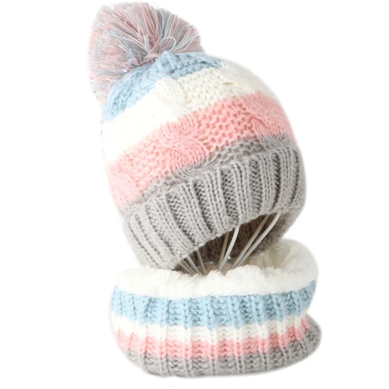 Kids Winter Cable Knit Beanie Muts Sjaal Set Pompom Strepen Pluche Gevoerd Schedel Cap A0NF