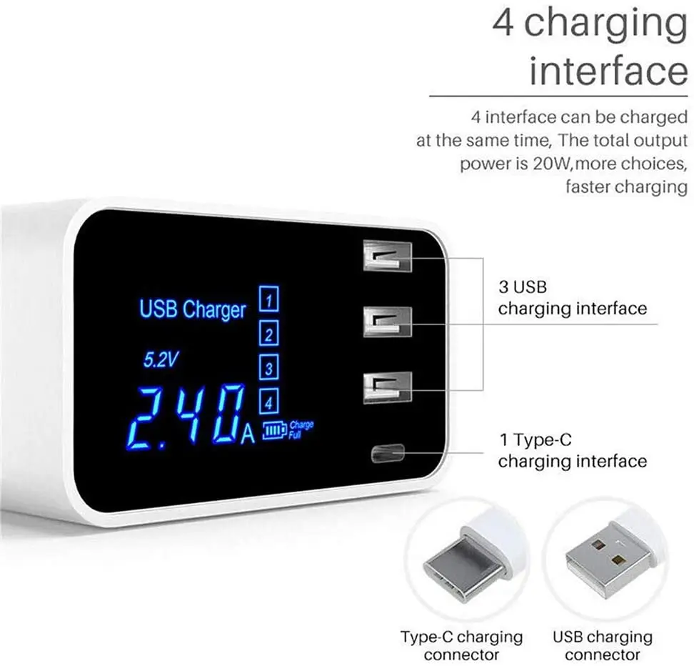 Multiple USB Charger Stand LCD Display For iPhone 8 11 12 pro max Type C 8 Port QC 3.0 Fast Charging Station For Samsung Xiaomi