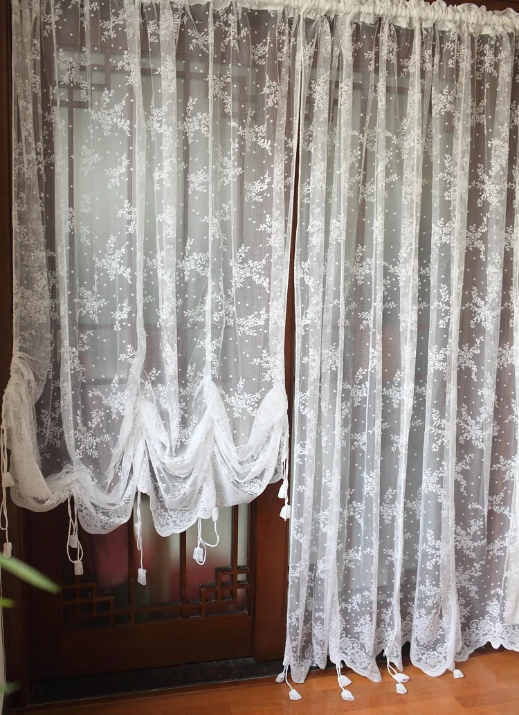 Roman Balloon Curtain Partition White Lace Gauze Floral Drawstring Pull Valance for Living Room Bedroom Rod Pocket Style