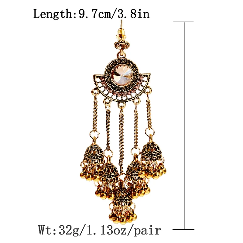 Women\'s Retro Big Gold Color Jhumka Earrings Indian Jewelry Classic White Beads Long Chain Tassel Dangle Earrings Hangers