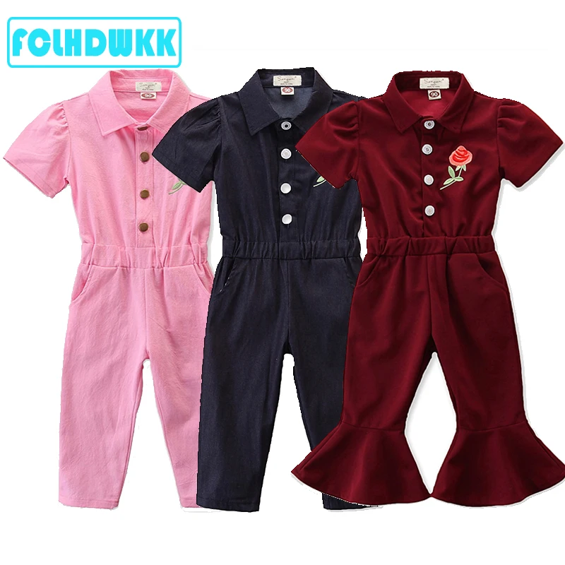 

2020 Summer Toddler Baby Girls Kids Clothes Rose Embroidered Jumpsuit Overalls Short Sleeve Pants Outfits Children Clothes 1-6Y