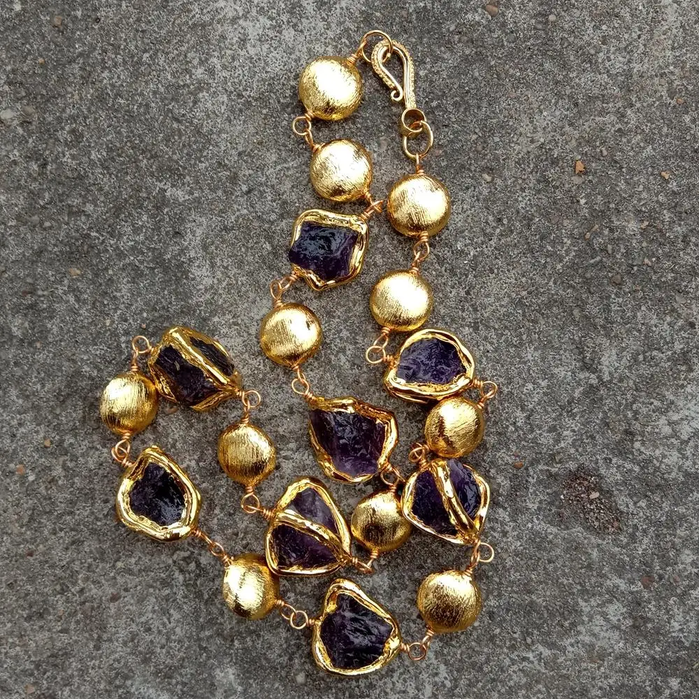Y·YING Brushed Coin Bead Purple Amethyst Rough Nugget Necklace