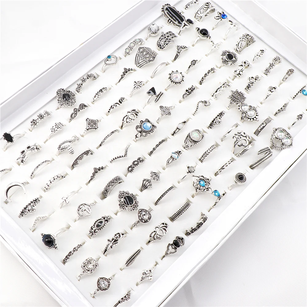 100pcs/Lot Bohemia Vintage Golden Silver Plated Mix Style Finger Rings For Women Gift Jewelry