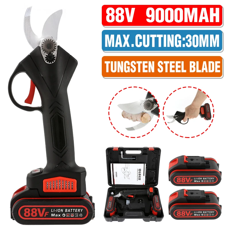 

9000mAh 88V Cordless Electric Pruning Shears Secateur Branch Cutter Rechargeable Garden Pruner Secateur Branch Cutter 2 Battery