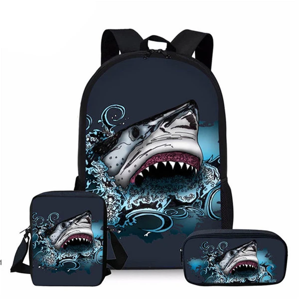 Grands sacs d'école en forme de requin blanc, ensemble de 3 pièces, sac à dos Animal sous-marin Cool pour enfants, sac de livre d'étudiant, cartable à bandoulière pour enfants