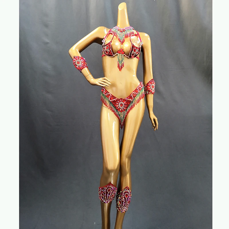 Sexy Samba kostiumy karnawałowe wykonane ręcznie wyszywane koralikami biustonosz i zestaw stringi kobiety strój ubrania do tańca brzucha impreza w klubie nocnym Showgirl ubrania taneczne